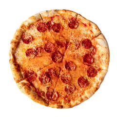 Isolated pepperoni fresh baked pizza on white background