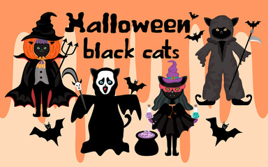 Fototapeta na wymiar The black cat in Halloween costume is designed in black and orange tones to decorate Halloween-themed items such as T-shirts, Halloween costumes, cards, stickers, pillows, wallpapers, printed fabrics.