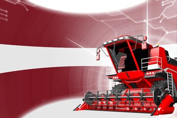 Obraz na płótnie Canvas Digital industrial 3D illustration of red advanced grain combine harvester on Latvia flag - agriculture equipment innovation concept