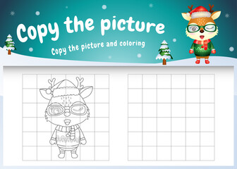 copy the picture kids game and coloring page with a cute deer using christmas costume