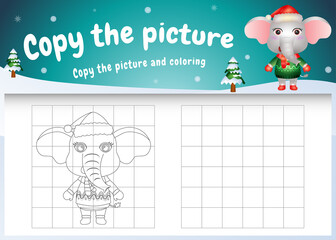 copy the picture kids game and coloring page with a cute elephant using christmas costume