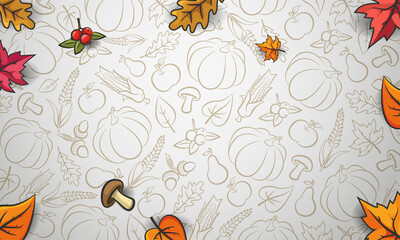 Autumn background. Falling leaves and mushrooms on white textured background. Vector autumn pattern with acorns, berries, mushrooms and autumn leaves
