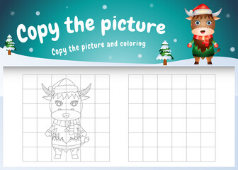 copy the picture kids game and coloring page with a cute buffalo using christmas costume