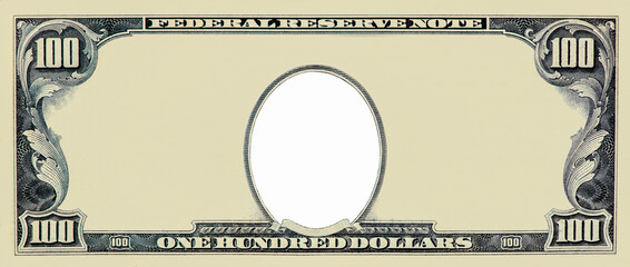 Clear 100 Dollar Banknote pattern, One hundred dollar border with empty middle area, U.S. 100...