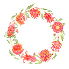 Watercolor floral wreath. Colorful hand-painted flowers create a circular shape frame.