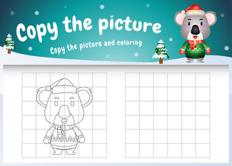 copy the picture kids game and coloring page with a cute koala using christmas costume