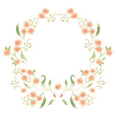 Watercolor floral wreath. Pastel hand-painted flowers create a circular shape frame.