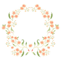 Watercolor floral wreath. Pastel hand-painted flowers create a circular shape frame.