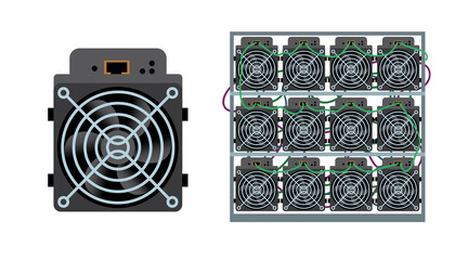 ASIC bitcoin miner and ASIC mining farm. Bitcoin mining. Cryptocurrency mining equipment and hardware flat vector illustration isolated on white.
