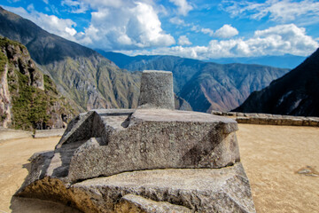 Intihuatana in Machu Picchu,  ritual stone associated with the astronomic clock or calendar of the...