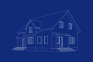 3D suburban house model. Drawing of the modern building. Cottage project on blue background. Interesting vector blueprint.