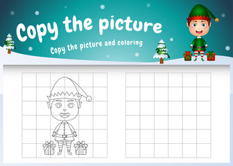 copy the picture kids game and coloring page with a cute boy elf using christmas costume