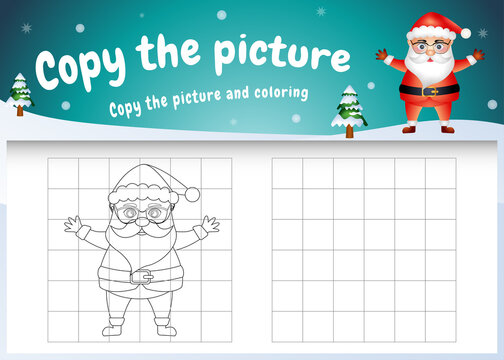 copy the picture kids game and coloring page with a cute santa claus using christmas costume