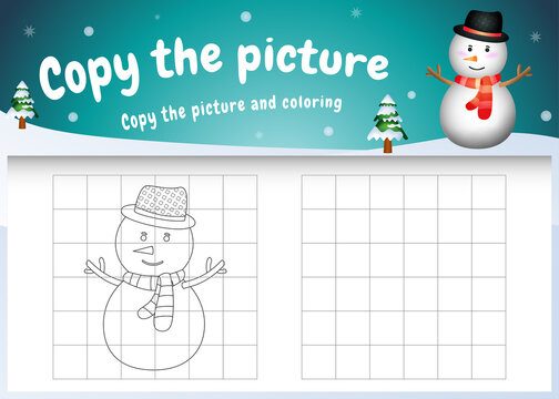 copy the picture kids game and coloring page with a cute snowman using christmas costume