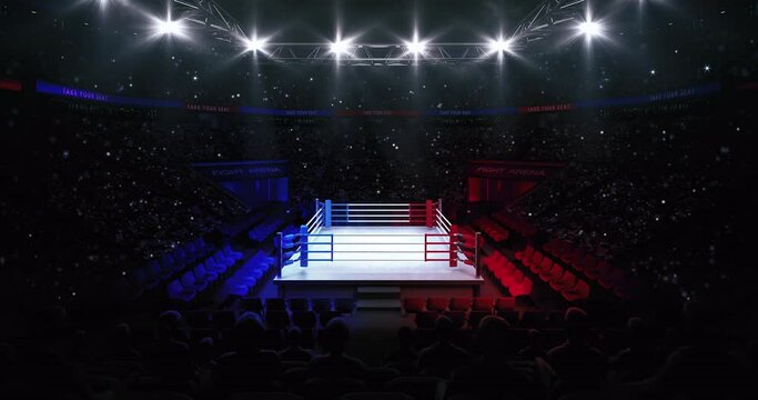 Boxing ring from upper view. Animation of sport arena with fans and shining spotlights. Indoor sport 4k video background.	