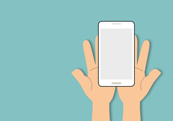 Hand showing phone empty screen on pastel green background, space for the text, paper cut design style.