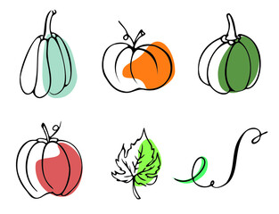 Pumpkin set for Thanksgiving or Halloween day. Stylized pumpkins in various sizes and colors. For postcards, paper, textiles. Autumn concept and vegetable compositions