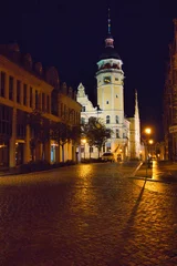 Rolgordijnen Rathaus Köthen, Turm, Nacht, Straßen Beleuchtung, Sachsen Anhalt, Deutschland © Mark Lämmchen 