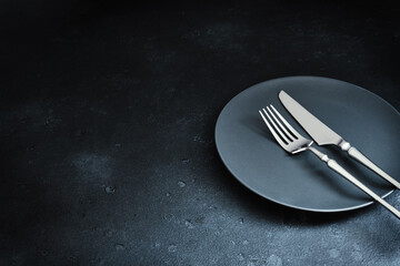 Cutlery and dish on dark textured background. Table setting