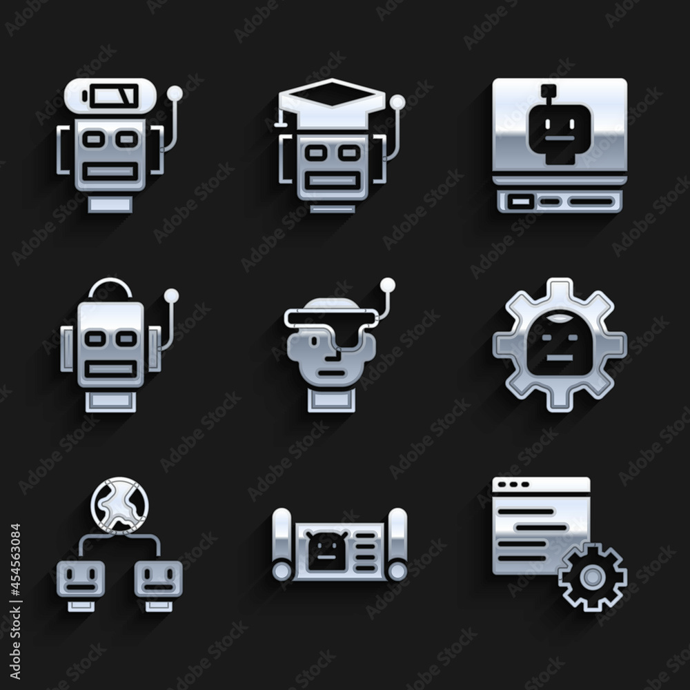 Poster Set Smart glasses, Robot blueprint, Computer api interface, Artificial intelligence, and low battery charge icon. Vector