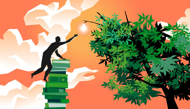 Uomo che scala una torre fatta di libri per raggiungere un'idea in cima all'albero