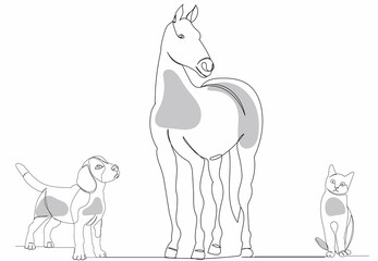 cat, dog, horse one line drawing, sketch
