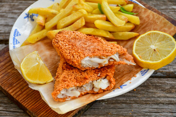  Fish and chips .Close up of   crispy breaded  deep fried fish fingers with breadcrumbs served with remoulade sauce and  lemon