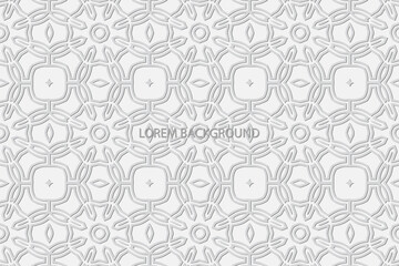 Geometric volumetric convex ethnic 3D pattern, cover design. Embossed minimalistic white background, arabesque. Oriental, Indonesian, Asian original motives, texture with ornaments.