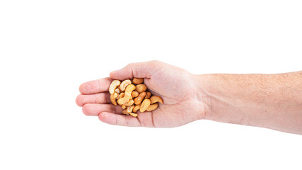 Cashew nuts in the hand isolated on a white background.