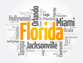 Fototapeta premium List of cities in Florida USA state, word cloud concept background