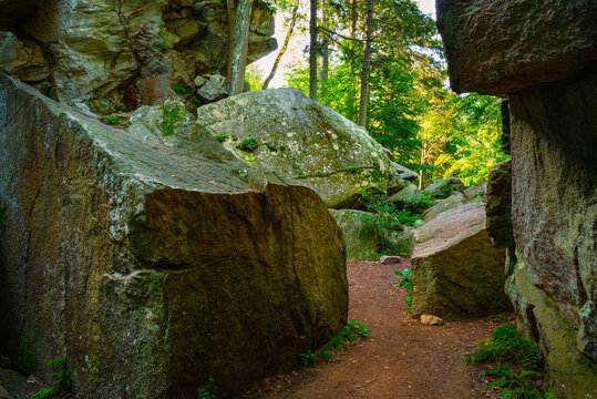 Footpath through the rocky valley at Purgatory Chasm in Massachusetts. The curved geometry of the stones and dirt road at sunrise.