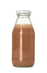 Delicious chocolate milk in glass bottle isolated on white