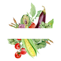 Watercolor vegetables frame border with asparagus, tomato, onion, corn, eggplant. Hand painted vegetarian banner for eco food menu, greeting cards, recipe. Farmers market. Veggie design. - 454568493