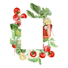 Watercolor vegetables frame border with tomatoes, bell peppers, potatoes, radishes, beets. Hand painted vegetarian banner for eco food menu, greeting cards, recipe. Farmers market. Veggie design.