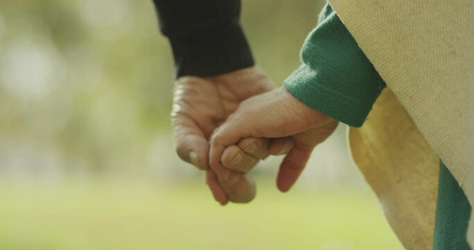 4K Back view of elderly couple holding hands while walking together in park . Senior couple on a walk in autumn nature. Happiness people lifestyle. Closeup of elderly couple hand. Slow motion footage 