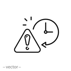 expiration icon, exclamation with clock, attention, expiry time or date, deadline notification, thin line symbol on white background - editable stroke vector illustration