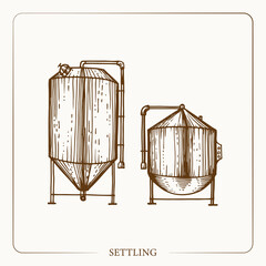 Quality stainless Settling Tanks. Equipment for the production of cider. Vintage sketch. Hand drawn design. Vector illustration. 