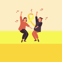 Fototapeta na wymiar Flat design about Yellow ribbon supports suicide prevention squad. And girls dancing together happily, Jumping, shaking hips, moving body. Funny cartoon Enjoy the rhythm. Simple vector illustration
