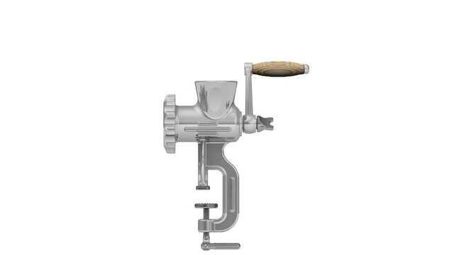 Manual meat grinder in action. The old manual meat grinder in action isolated on white background. Footage video