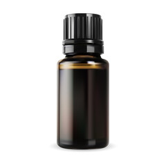 Essential oil bottle. Brown glass vial, small vector container. Realistic glossy amber packaging with black screw lid, apothecary syrup jar. Natural lavender essence flacon