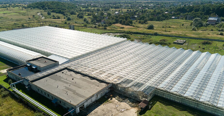 Aerial view over a Greenhouse in Springtime on a Sunny Day. Agriculture and Gardening. Breeding Vegetables in a Glass house. Plant Care.