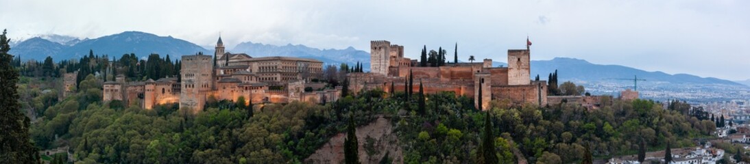 Panoramic view of the famous Alhambra palace at sunset, Granada, Spain