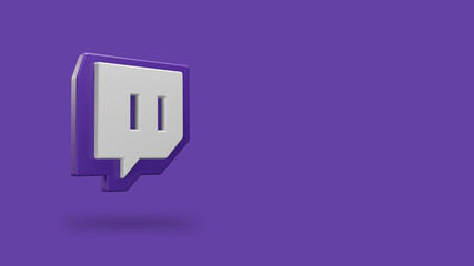 Twitch app icon floating with for background in 3D style rendering with copy space. Twitch logo in 3d style. Twitch is a live streaming platform owned by Amazon