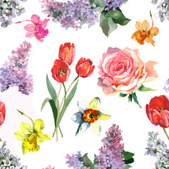 Gardening flowers watercolor isolated on white background seamless pattern for all prints.