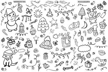 Fototapeta premium Christmas Tree and Animal Wintertime and Cute Traditional Toys Coloring Page or Book