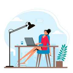 Frustrated worker, mental health problems. Burnout concept illustration with exhausted female office worker sitting at the table. Vector illustration in flat style.