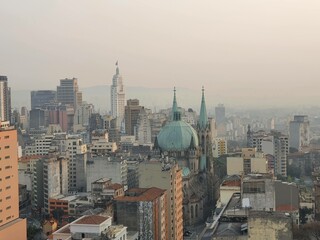 city skyline in São Paulo and Sé Cathedral
