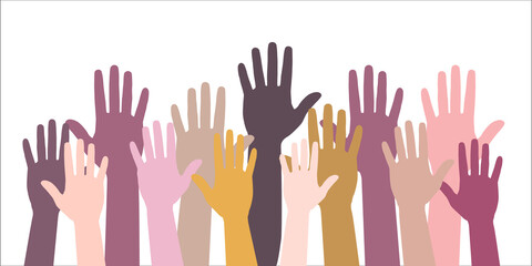 Many hands of different people in unity raise hands up. Raised hand silhouettes, people colorful voting vector illustration. Celebration, Teamwork, collaboration, voting, volunteering concert.