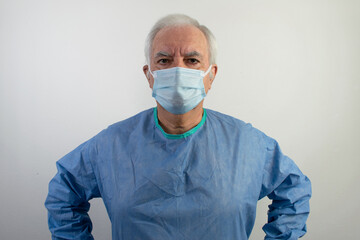 old senior male man surgeon uniform doctor help people face mask