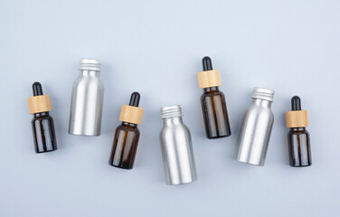 Amber glass dropper bottles different sizes with bamboo lid and metallic botlles. Zero waste...